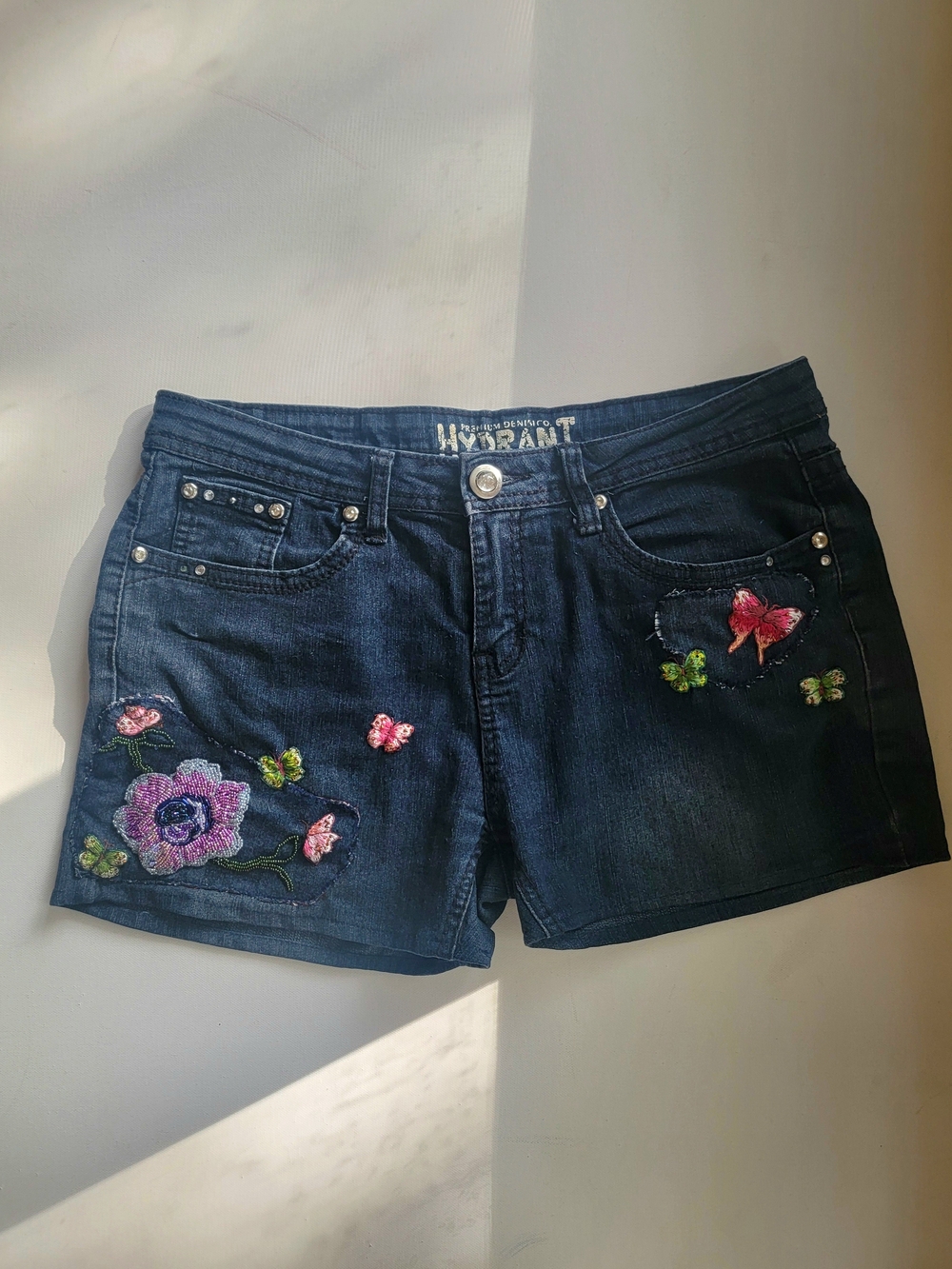 Dark Blue Embroidered Denim Shorts with Floral & Butterfly Accents